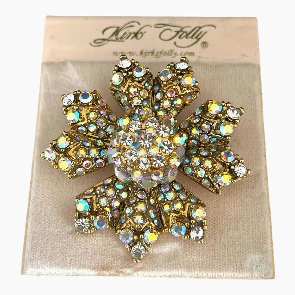 Kirks Folly Brooch AB Rhinestone Flower Gold Tone New Tags - 1C